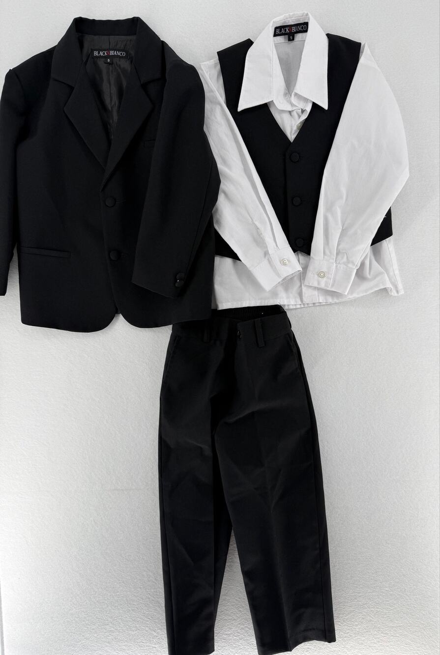 Black N Bianco Boys Size 5 Black 5 Piece Suit Vest Shirt Pants Tie Wedding